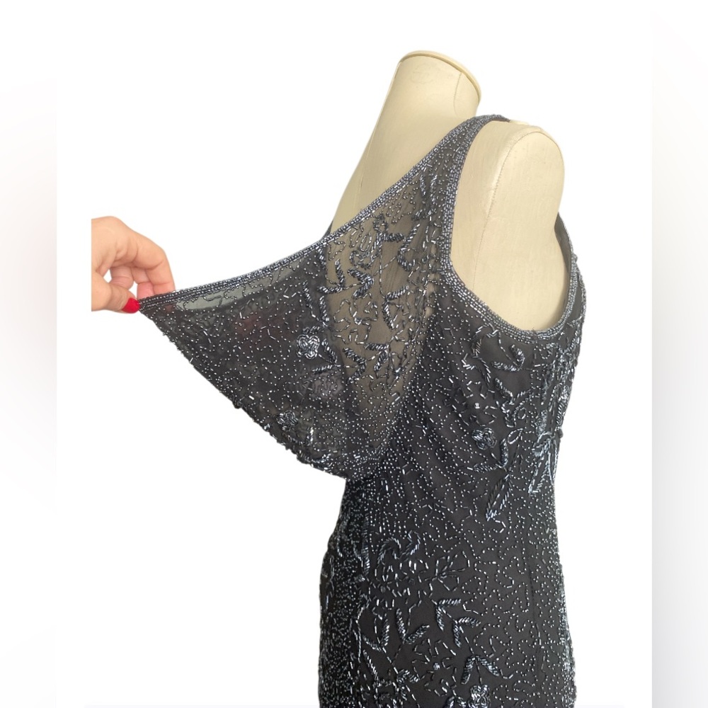 Vintage 90s 100% Silk Scala Dress Beaded Silk Slip Dress Cowl Backless Black - Picture 10 of 17
